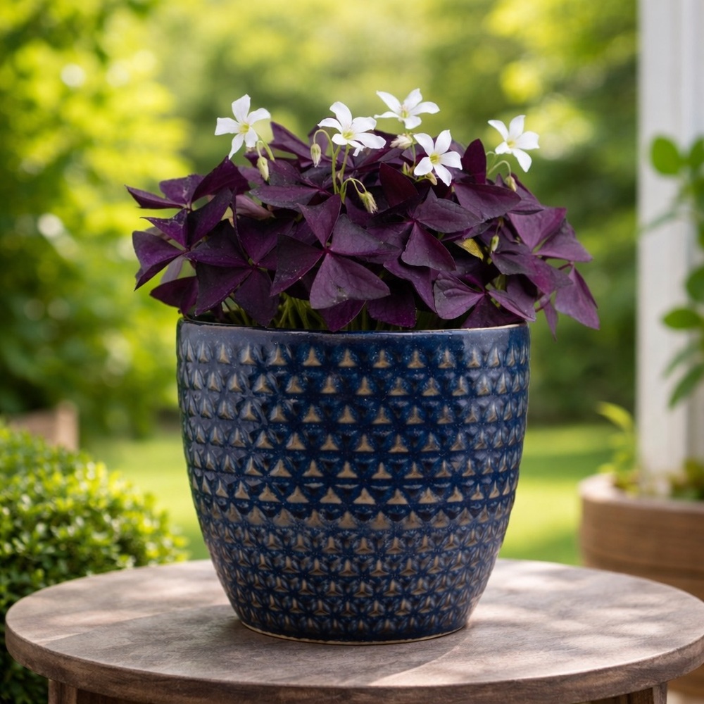 Royal Blue & Yellow Ceramic Barrel Planter - 6.5" Handcrafted Pottery Plant Pot